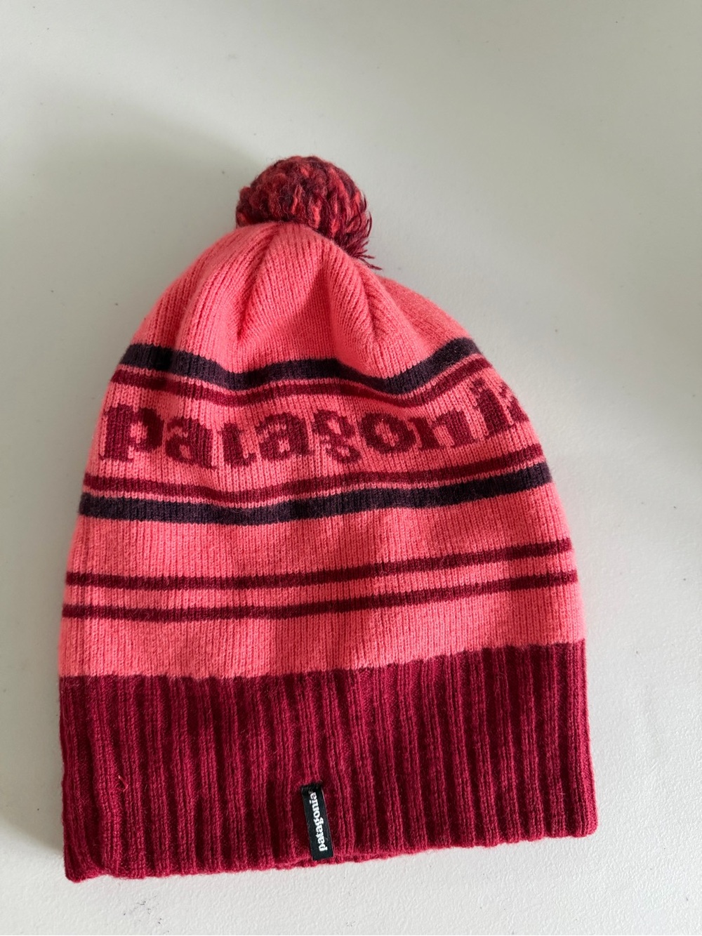 Patagonia Kids Coral Pink and Burgundy Pom Rib Beanie